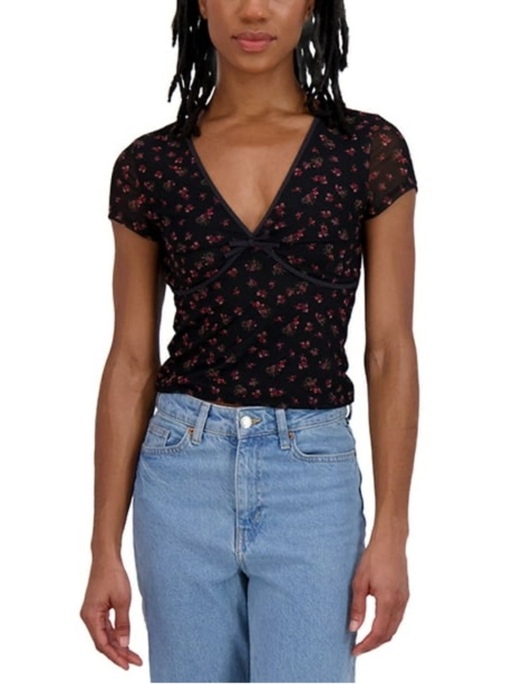 Aeropostale Black Short Sleeve Floral Wrap Crop Top